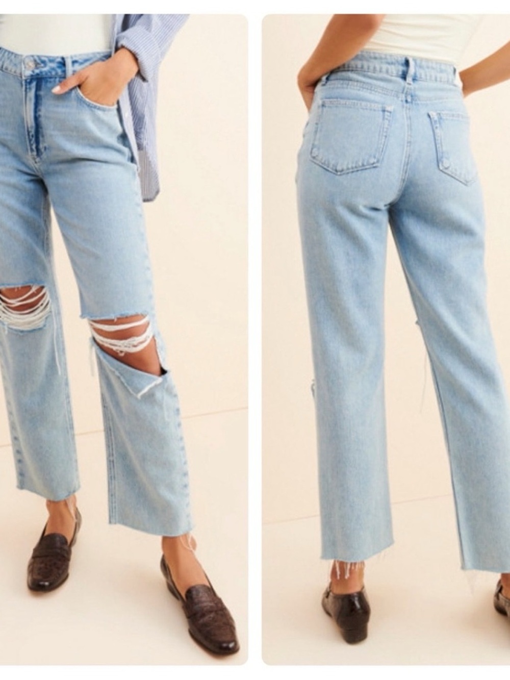 PAIGE Light Blue Distressed High-Rise Straight Jeans